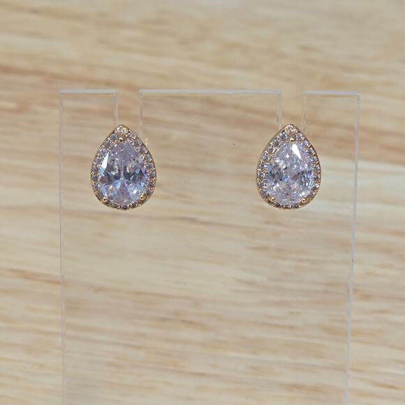 Clear Teardrop Gold Formal Post Earrings Bridal Wedding Prom Homecoming Pageant - Picture 4 of 6